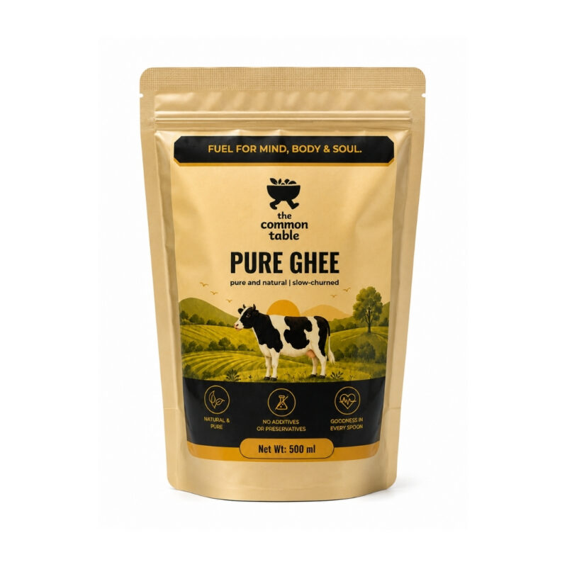 Ghee back The Common Table Pure Ghee 500ml jar, back label with nutrition information